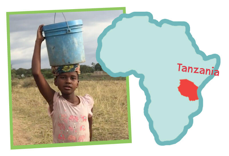 Girl in Tanzania carrying water with map